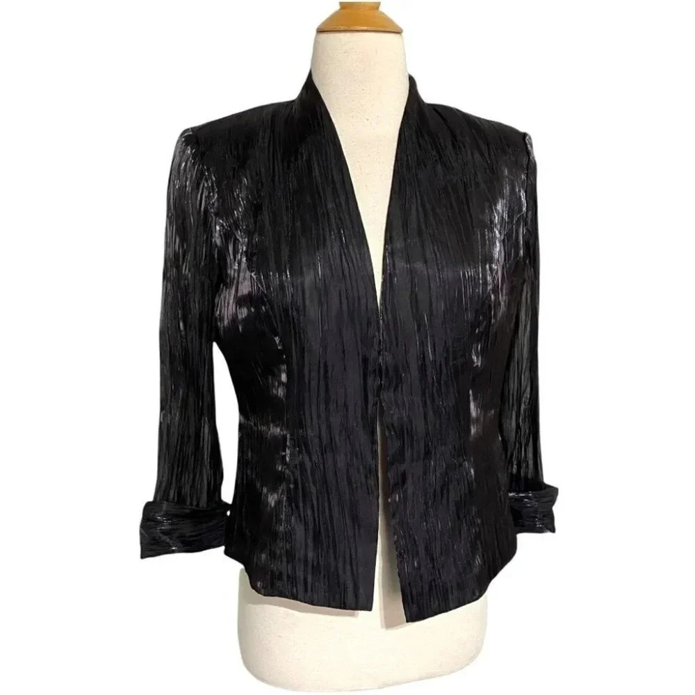 Metaphor Blazer Size 10 Black Crinkle Metallic Open Front 3/4 Sleeve Jacket